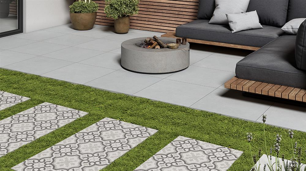Decorative porcelain patio with patterned paving tiles